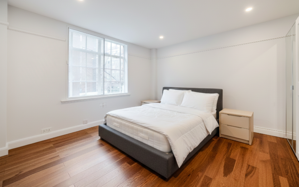 Main Bedroom to a Luxury Refurbished Two-Bedroom Mansion Block Apartment